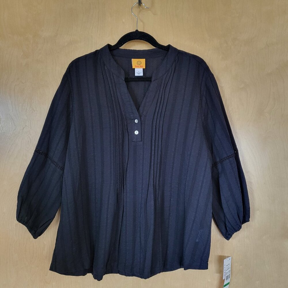 Ruby Rd. Boho Hippie Cotton Eyelet Blouse Black Size Large